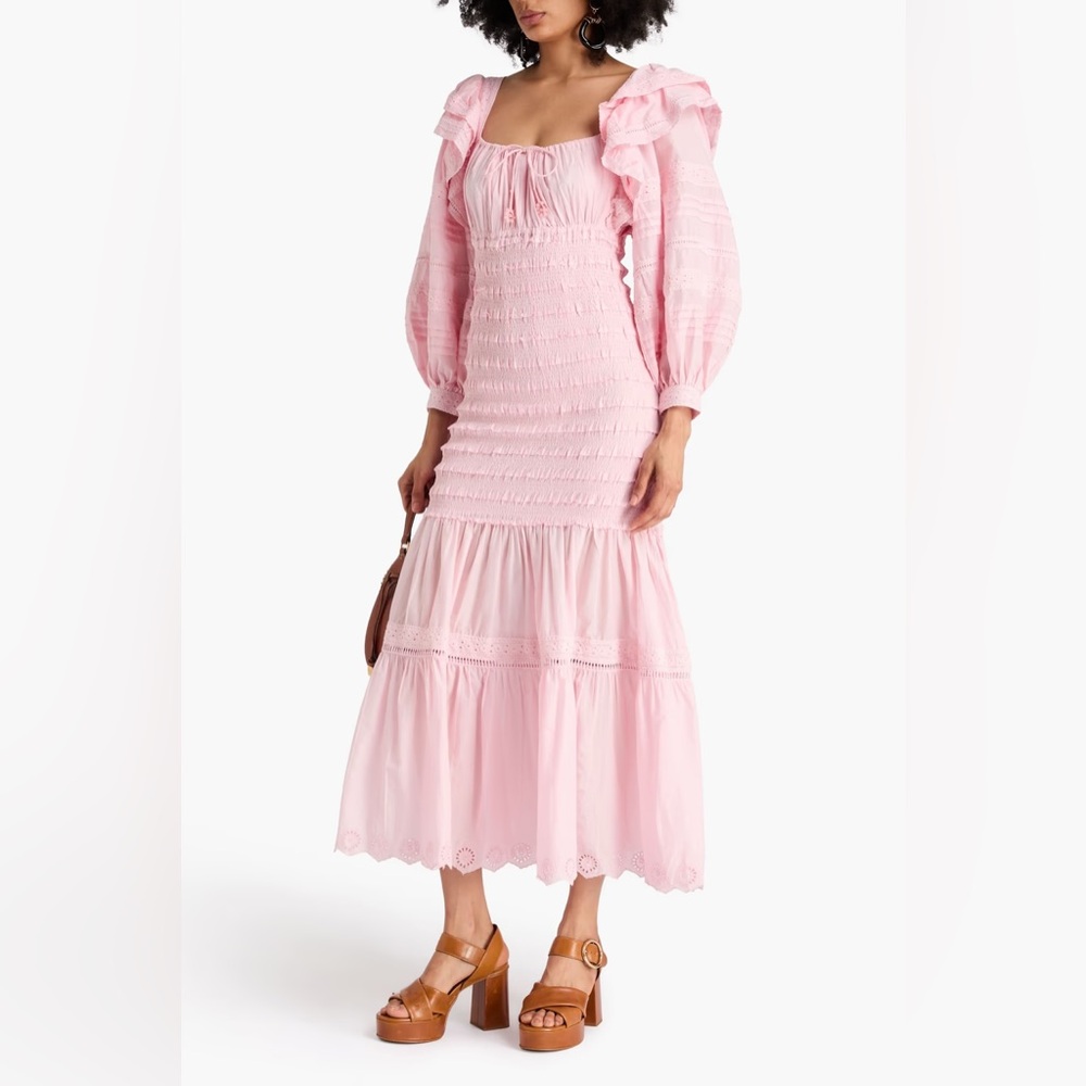 FARM RIO ruffled broderie anglaise cotton midi dress size small